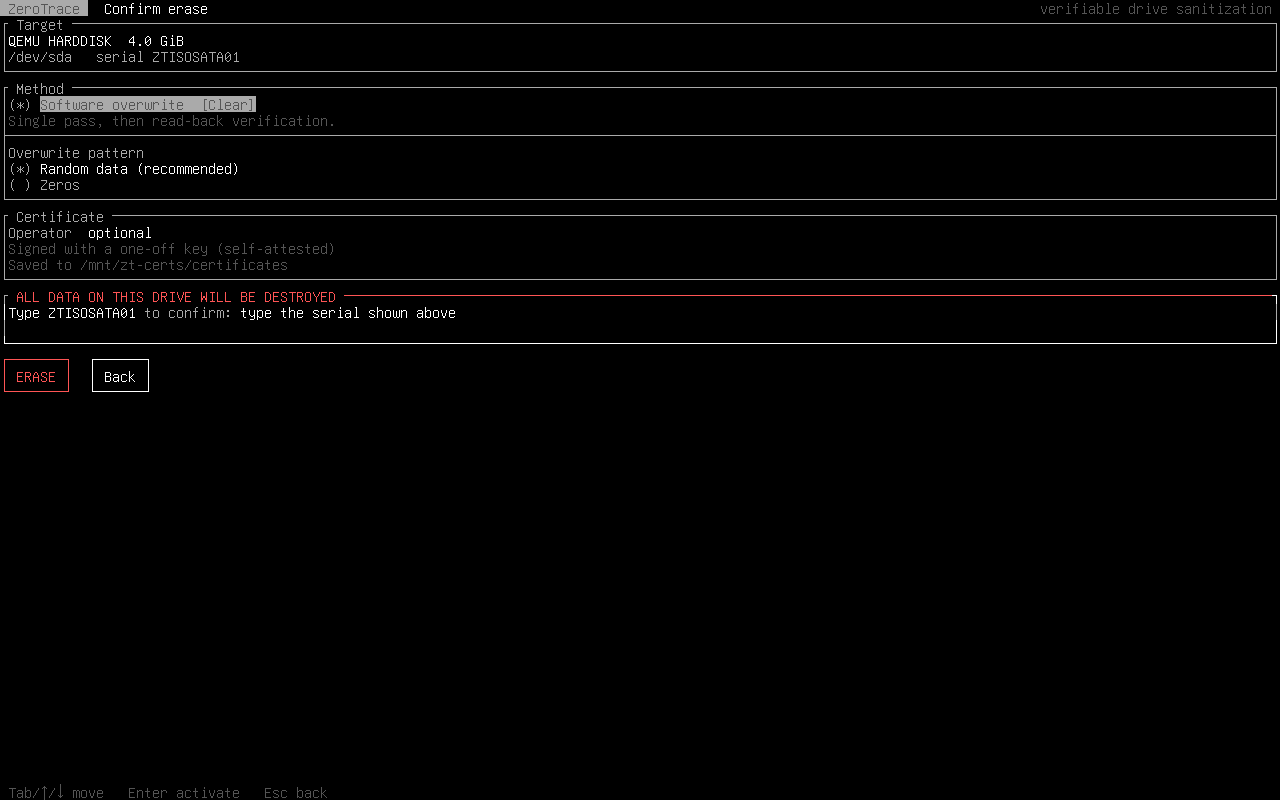 Erase confirmation screen asking for the drive's serial number