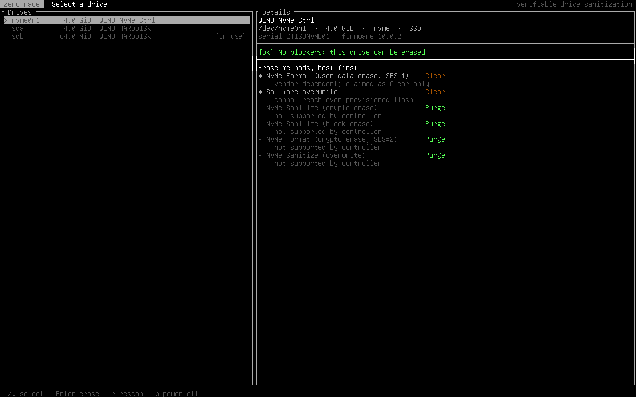 Drive list showing each disk, whether it can be erased, and the erase methods it supports